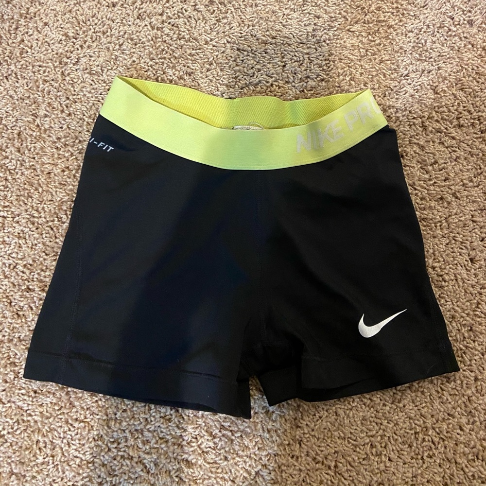 black nike pro athletic shorts w/ lime green band